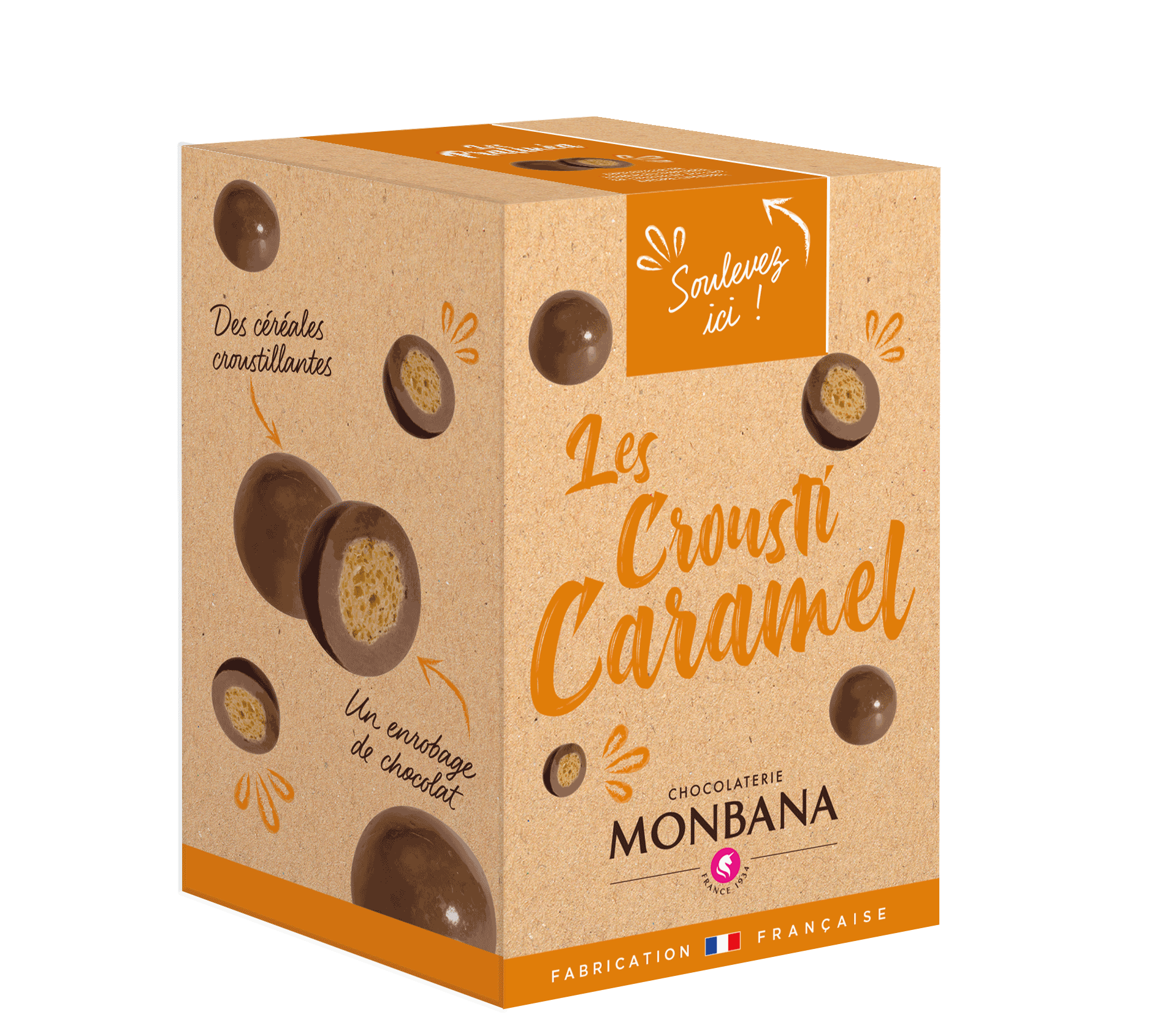 Croustille de céréales enrobée de chocolat au lait saveur caramel.